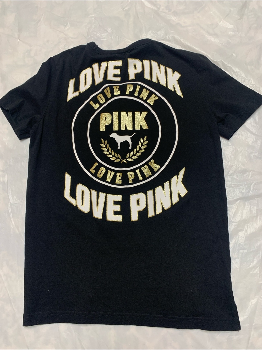 VS Pink Black Gold Glitter Spellout Logo Lace Up T Shirt Y2K Sz Sm 100% Cotton